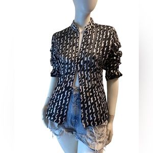 Vintage Black White Sheer Panel Polka Dot Zip Up Shirt Jacket Sz S
